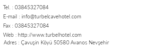 Turbel Cave Hotel telefon numaralar, faks, e-mail, posta adresi ve iletiim bilgileri